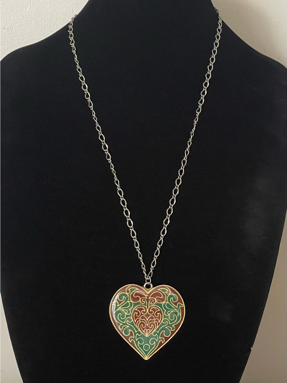 Heart Pendant Long Necklace - Green and Brown Enamel Design
